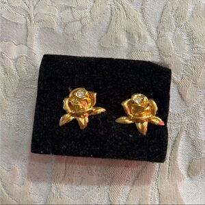 Vintage Avon Rose Passion Stud Earrings Gold Tone Rhinestone Floral